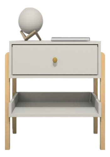 Mesa De Cabeceira Em Mdf Pés em Madeira Natural Com 1 Gaveta E Prateleira Acabamento Fosco Cor Off White