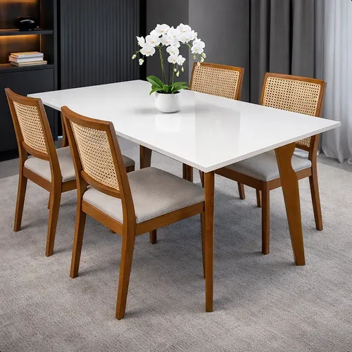 Mesa De Jantar Bella 4 Lugares MDF Off White Base Madeira