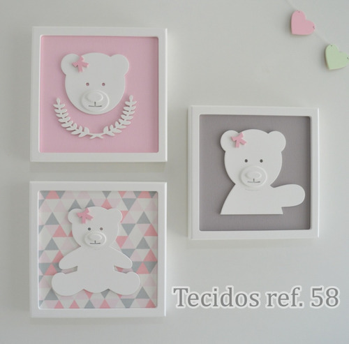 Trio Quadros Enfeite Ursa Decoracao Quarto Menina Promoção