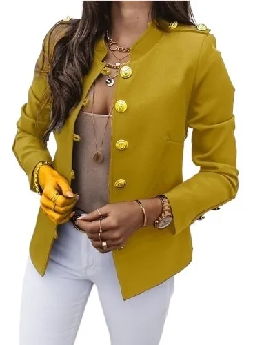 Blazer Manga Larga De Color Entero Con Botón Para Mujer
