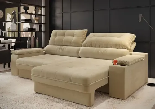 Sofá Retrátil Reclinável 4 Lugares Molas Ensacadas Suede 2,30m Com Porta-copos E Rodízio Serena - Bege