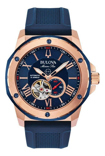 Reloj de pulsera Bulova Marine Star 98A22 de cuerpo color oro rosa y azul, analógico, para hombre, fondo azul, con correa de silicona color azul, agujas color oro rosa y blanco, dial oro rosa, subesferas color azul, minutero/segundero blanco y rojo, bisel color oro rosa y hebilla simple