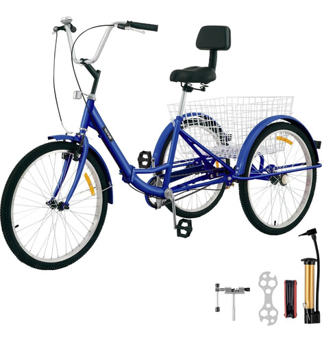 Vevor Triciclo Plegable Adultos Bicicleta 24puLG Cesta Azul