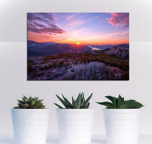 Cuadro 60x90cm Sol Atardecer Montañas Flores Paisaje Sunset