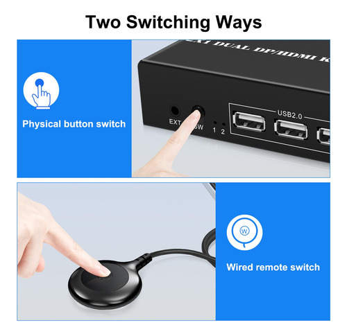 Wiistar - Conmutador Kvm Hdmi Dp 2 Monitores 2 Computadoras