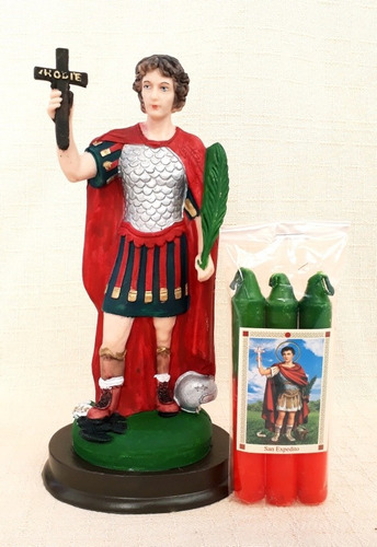 Imagen San Expedito Irrompible Caucho Grande 22 Cm + Velas