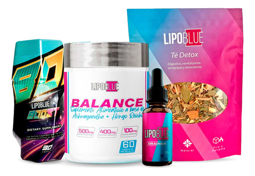 1 Lipo Blue Boost + 1 Drainer + 1 Té Detox + 1 Lipo Balance