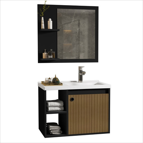 Conjunto Gabinete Com Espelheira Banheiro 60cm Adonis Preto