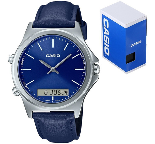 Reloj Casio Mtp Vc01l Piel Azul Hora Doble Cronometro