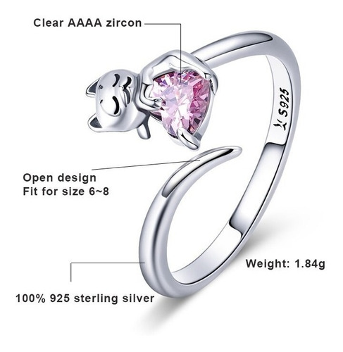 Anillo De Plata S925 Diseño Gato Amor Rosa