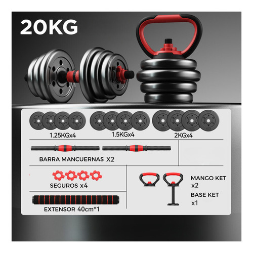 Set Mancuernas Barra Ajustables 20 Kg 3 En 1
