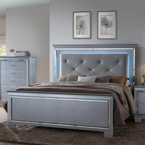 Imagen 7 de 7 de Recamara King Lillian Cama Capitoneada Gris Con Luz