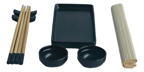 Set Sushi Porcelana Bandeja Bamboo 2 Personas Negro 8 Pcs