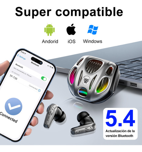 Audífonos Inalámbricos Bt Transformers Tf-t35 In-ear Led Color Plateado,para juegos con cancelación pasiva del ruido, sonido de alta fidelidad HD y baja latencia