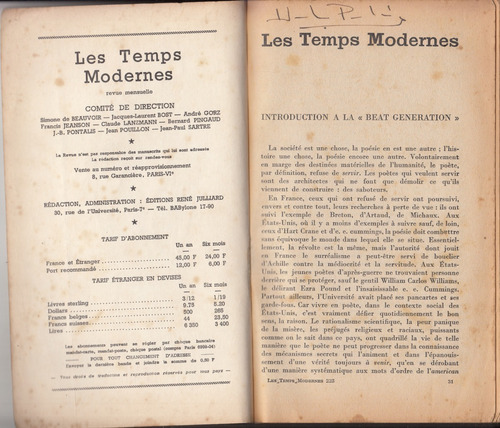 1964 Generacion Beat Letras Y Drogas Tempes Modernes Frances (Usado)