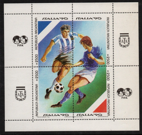 Argentina 1 Bloc Mint X 4 Sellos Copa Mundial De Fútbol Italia=90 Jugadores Argentino E Italiano, Emblema Afa Año 1990 