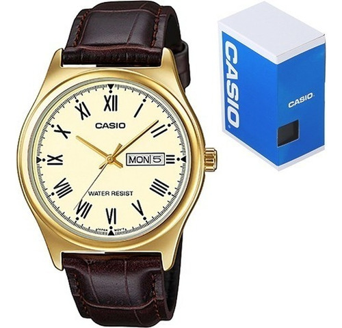 Reloj Casio Mtpv006 Piel Cara Dorada - Doble Fechador Color De La Correa Marrón Oscuro Color Del Bisel Dorado Color Del Fondo Dorado