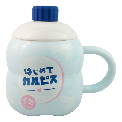 Taza De Ceramica Soda Japon Tapa Y Cuchara Kawaii Fz-305 Soda Azul