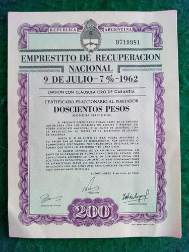 Bono De Recuperación Nacional. Empréstito 9 De Lulio. 