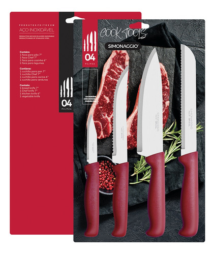 Set Cuchillos Para Cocina Simonaggio Cooktools 4 Piezas Rojo