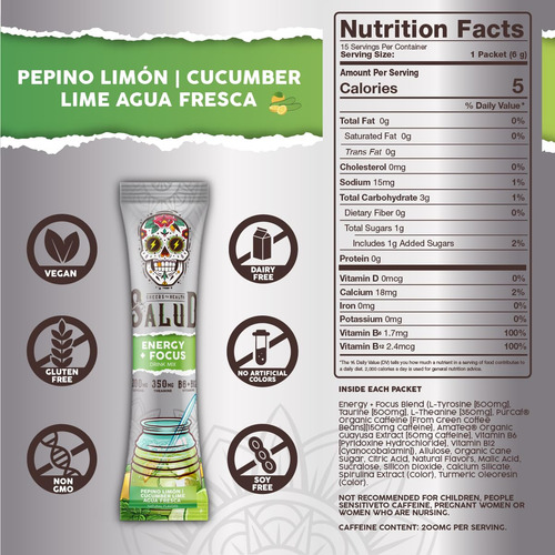 Bebida Energética Orgánica, Limón Pepino, 15 Porciones
