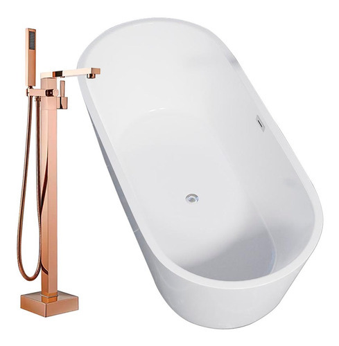 Solana Kit Tina de Baño Ovalada de Acrílico Slim 170x80x60 Cm + Grifo Independiente Monomando Gold Rose / Acrílico Solido Blanco de Alto Brillo Para Cuarto de Baño