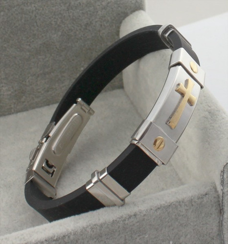 Pulseira Masculina Aço 316l, Cruz Banhada Ouro 18k