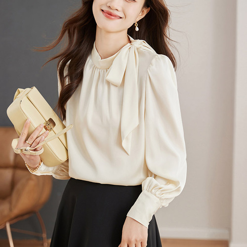 Women Clothes Korean Fashion Bow Lace-up Chiffon Tops Office