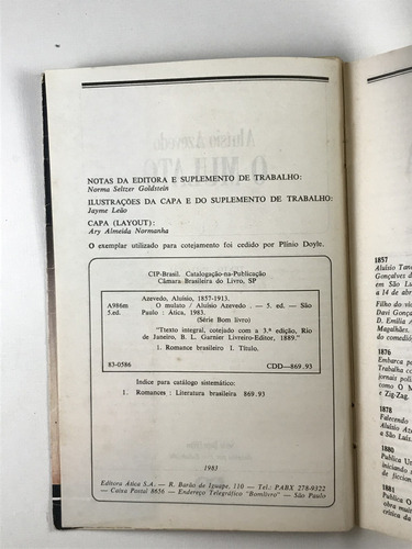 Livro O Mulato Aluísio Azevedo 5. Ed. Editora Ática 1983 - E1