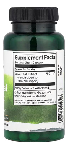 Swanson | Extracto De Hoja De Olivo, 750 Mg, 60 Cápsulas