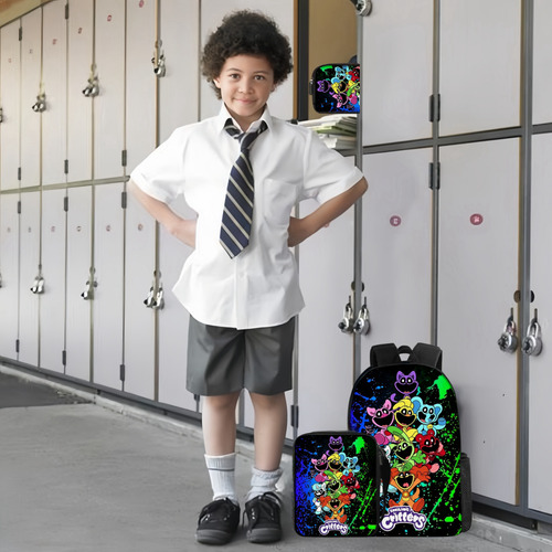 Juego De Mochilas Escolares Reforzadas Anime Smiling Critters Mochilas De 3 Piezas Computadora Bolso De Hombro Lonchera Estuche Para Lapices Escolar