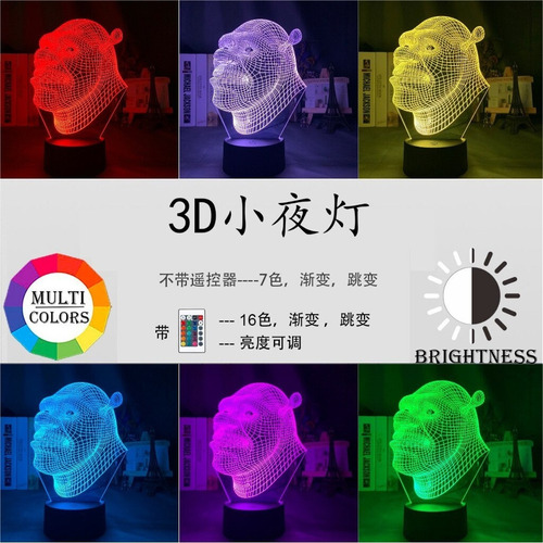 Luz De Noche Led Shrek Cabeza Holograma 3d Ilusión Lámpara P