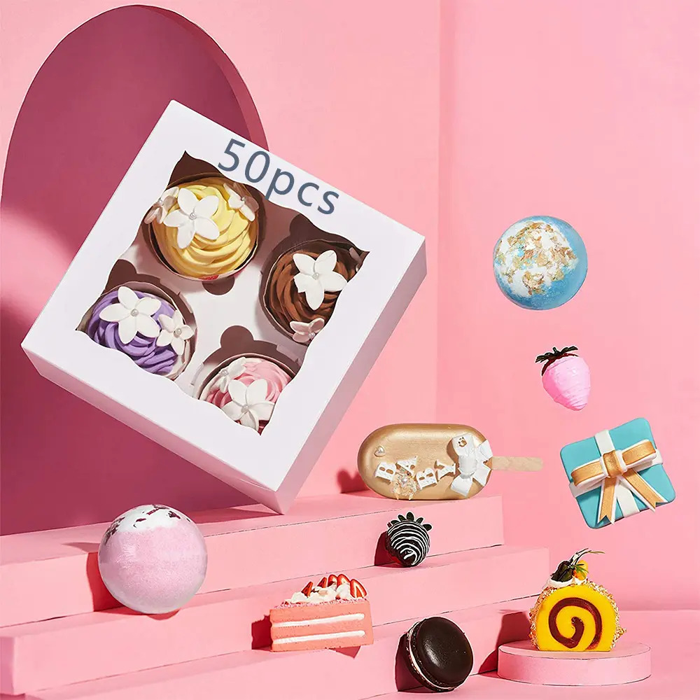 50 Cajas Pasteles Con Ventana Para 4 Cupcakes Muffins Donas