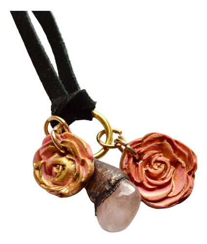 Colgante De Cuarzo Rosa Y Flores Con Tiento De Cuero, Cod1