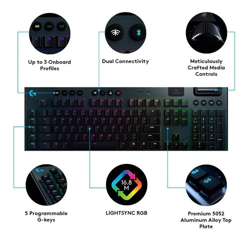 Teclado gamer bluetooth Logitech Serie G G915 QWERTY GL Tactile inglés US color negro con luz RGB