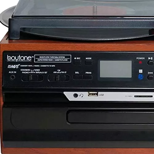 Boytone BT-28MB, tocadiscos Bluetooth de estilo clásico con radio AM/FM,  reproductor de CD/cassette, 2 altavoces estéreo separados, grabación de