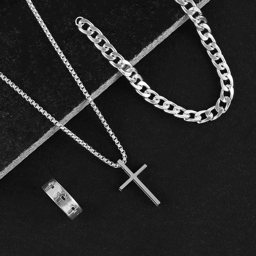 Kopira-juego De Joyas Para Hombre, 3 Unidades, Cadena De Acero Inoxidable Con Colgante De Cruz, Pulsera Cubana, Anillos Giratorios, Cruz Con Cadena De Caja, Halloween, Boda, Regalos Para Hombre Y