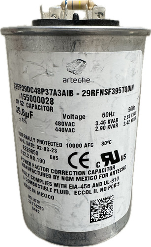 Capacitor Arteche 39.8 Uf 480/440v 60hz 3.46/2.96 Kva