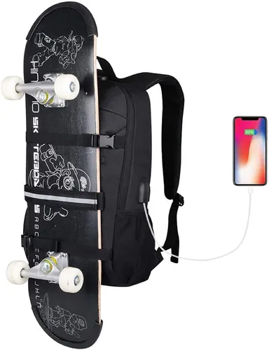 Mochila Tira Skate Negra Puerto Usb Para Laptop 17 Pulgadas