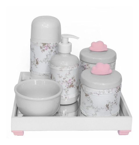 Kit Higiene Bebê Porcelanas Bandeja Completo Flor Liz Rosa Cor Nuvem