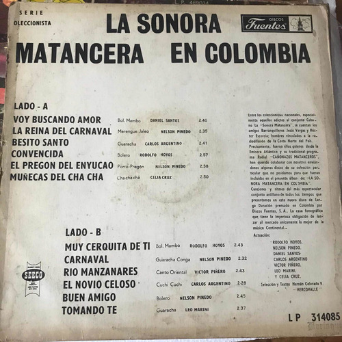 La Sonora Matancera En Colombia Vinilo Lp Discos Fuentes (Usado)