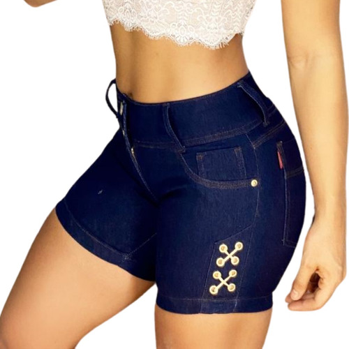 Short Jeans Feminino Cós Alto Meia Coxa Detalhe Em Ilhós I