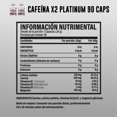 Cafeína Platinum Paquete 2 Piezas 90 Cápsulas Sabor Sin sabor