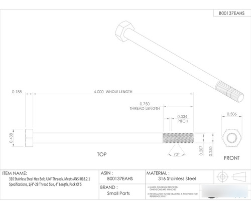 Perno Hexagonal De Acero Inoxidable 316, 5 Cm De Longitud