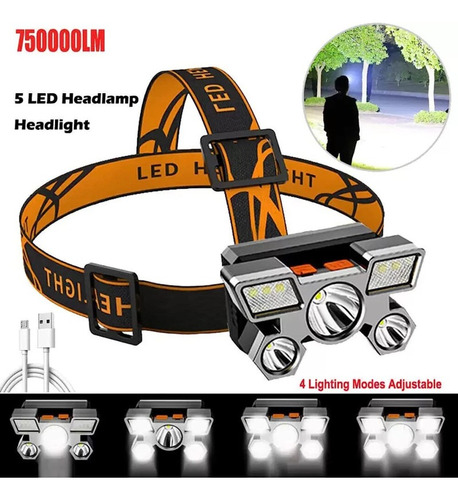 Linterna Minero 5 Leds Profesional Recargable Usb Blanco Negro Y Naranja