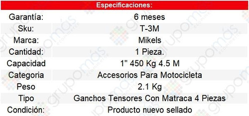 Gancho Tensor Con Matraca 4 Piezas, 4.5 Mts, 450 Kg Mikels
