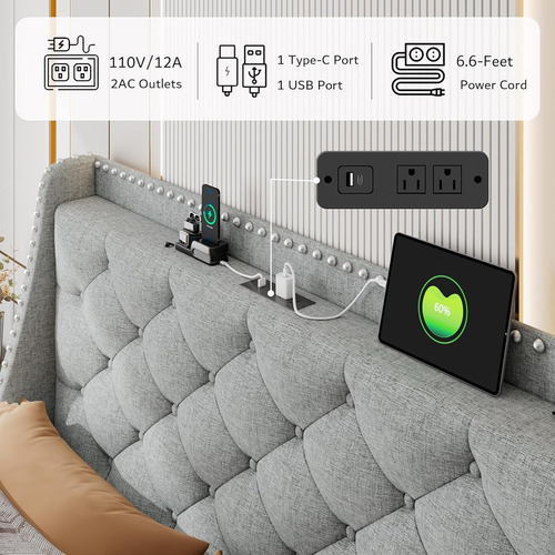 Base De Cama Ipormis King Size Con Puerto Usb Gris Claro