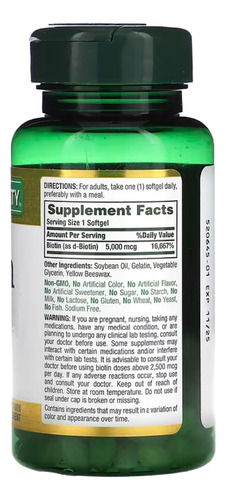 Nature's Bounty, Biotina, 5,000 mcg, 72 cápsulas blandas de liberación rápida, Apoya la salud del cabello, la piel y las uñas, Soporte de energía celular