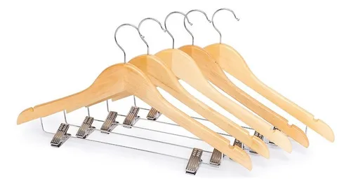 comprar 5 Cabide De Madeira Adulto Verniz Closet Armario Presilhas