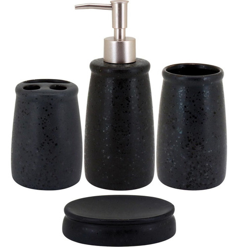 Delrey Kit Lavabo Porta Saboneteira Cerâmica Preto 4 Peças